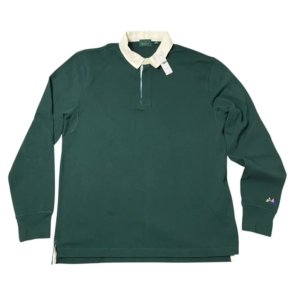 J Crew Rugby Shirt‎ Mens M TALL Green Long Sleeve Collared Cotton Elbow Patch